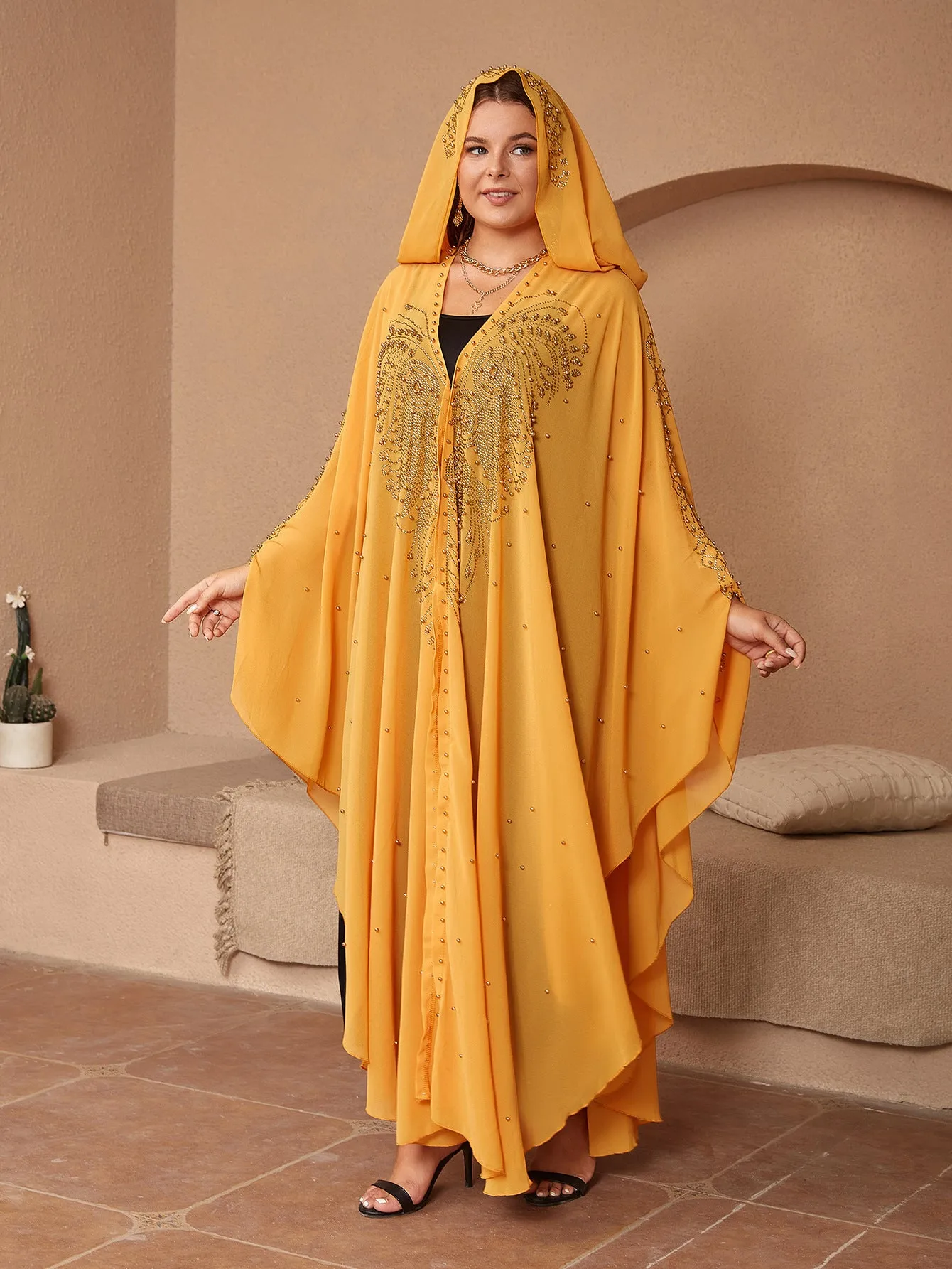 Muslim style chiffon cape shawl with rhinestone beaded trim in purple colour