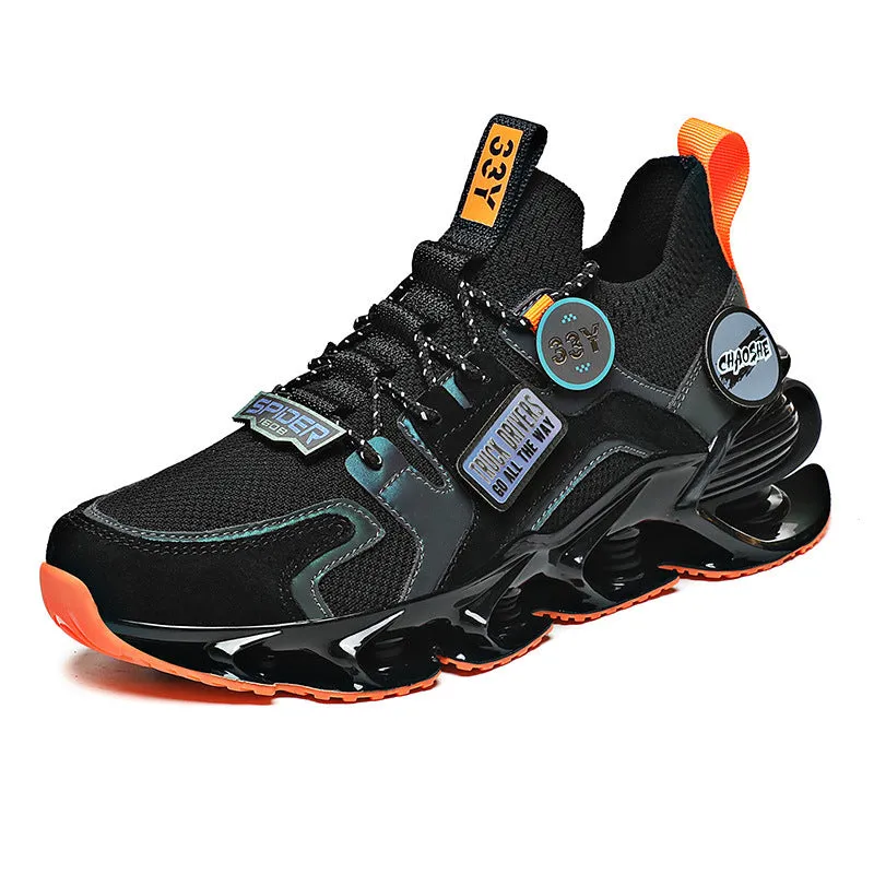 Men's hollow blade shock absorption sports shoes with breathable flying woven upper and TPU sole, colour: Black