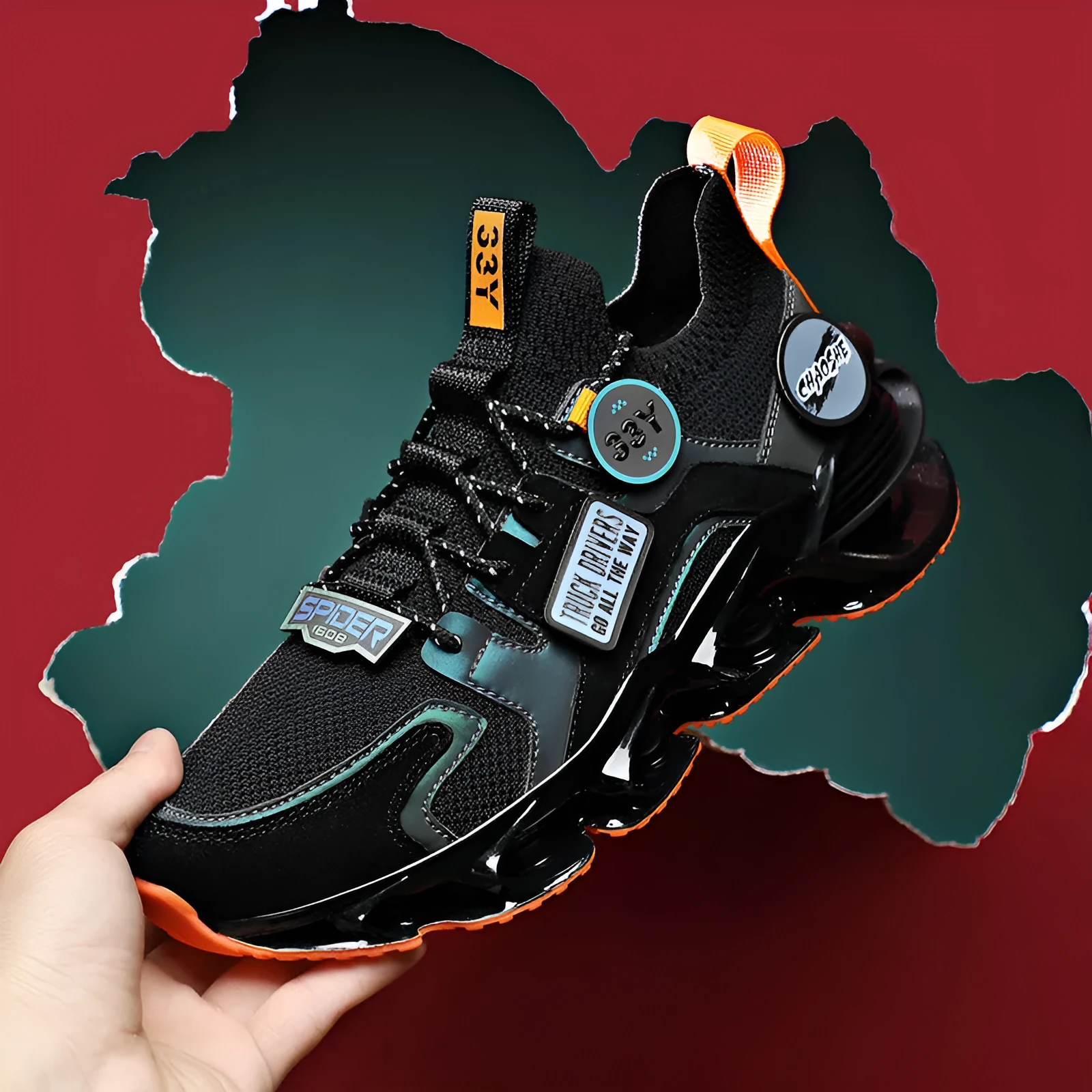Men's hollow blade shock absorption sports shoes with breathable flying woven upper and TPU sole, colour: Black