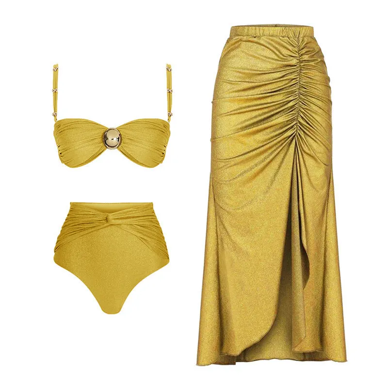 Women's high-waist bikini swimsuit in yellow or green colours for swimming