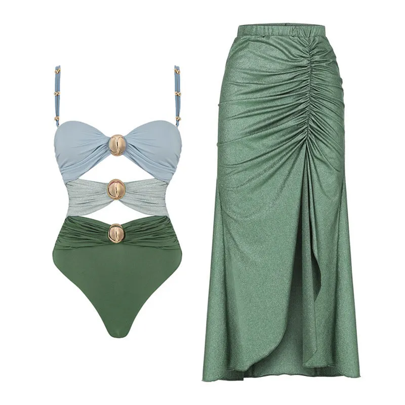 Women's high-waist bikini swimsuit in yellow or green colours for swimming