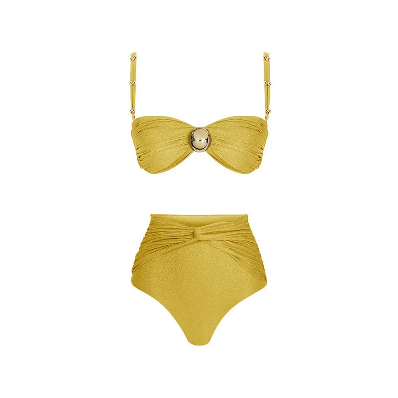 Women's high-waist bikini swimsuit in yellow or green colours for swimming