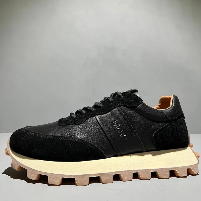 Men's black head layer cowhide lace-up sports shoes with thick sole and round toe on white background
