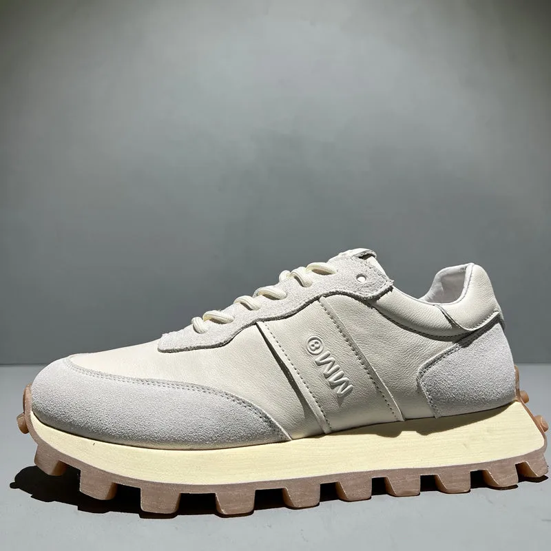 Men's black head layer cowhide lace-up sports shoes with thick sole and round toe on white background