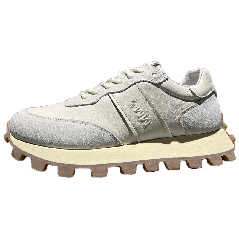 Men's black head layer cowhide lace-up sports shoes with thick sole and round toe on white background