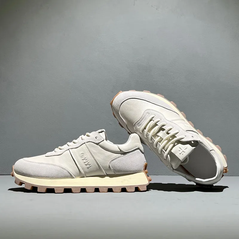 Men's black head layer cowhide lace-up sports shoes with thick sole and round toe on white background