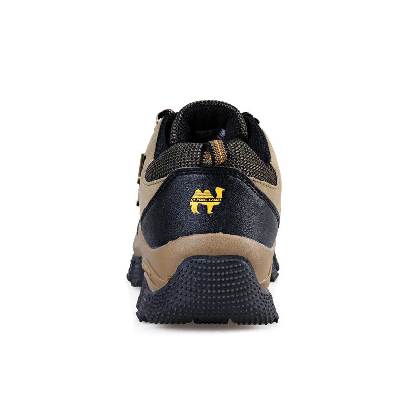 Unisex hiking shoes with TPR non-slip sole, waterproof upper, in brown orange colour on outdoor ground