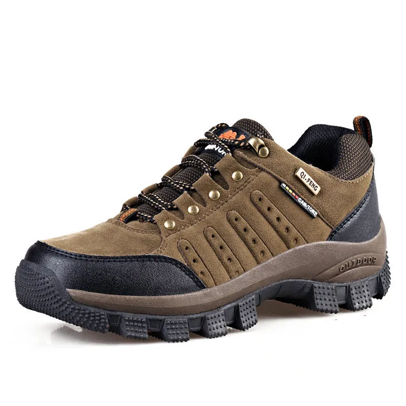Unisex hiking shoes with TPR non-slip sole, waterproof upper, in brown orange colour on outdoor ground