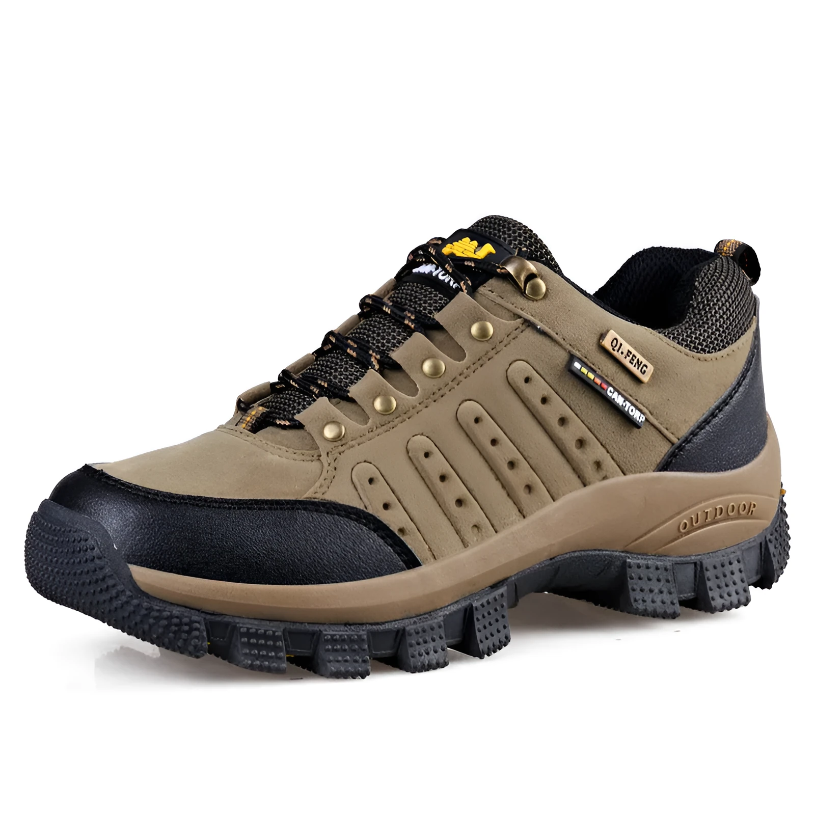 Unisex hiking shoes with TPR non-slip sole, waterproof upper, in brown orange colour on outdoor ground