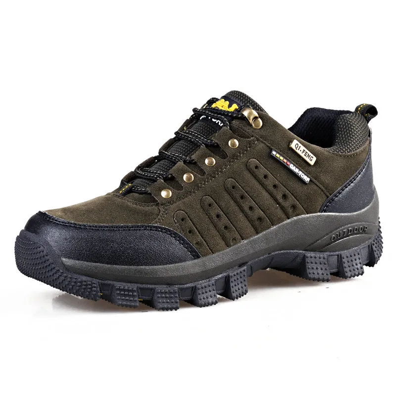 Unisex hiking shoes with TPR non-slip sole, waterproof upper, in brown orange colour on outdoor ground