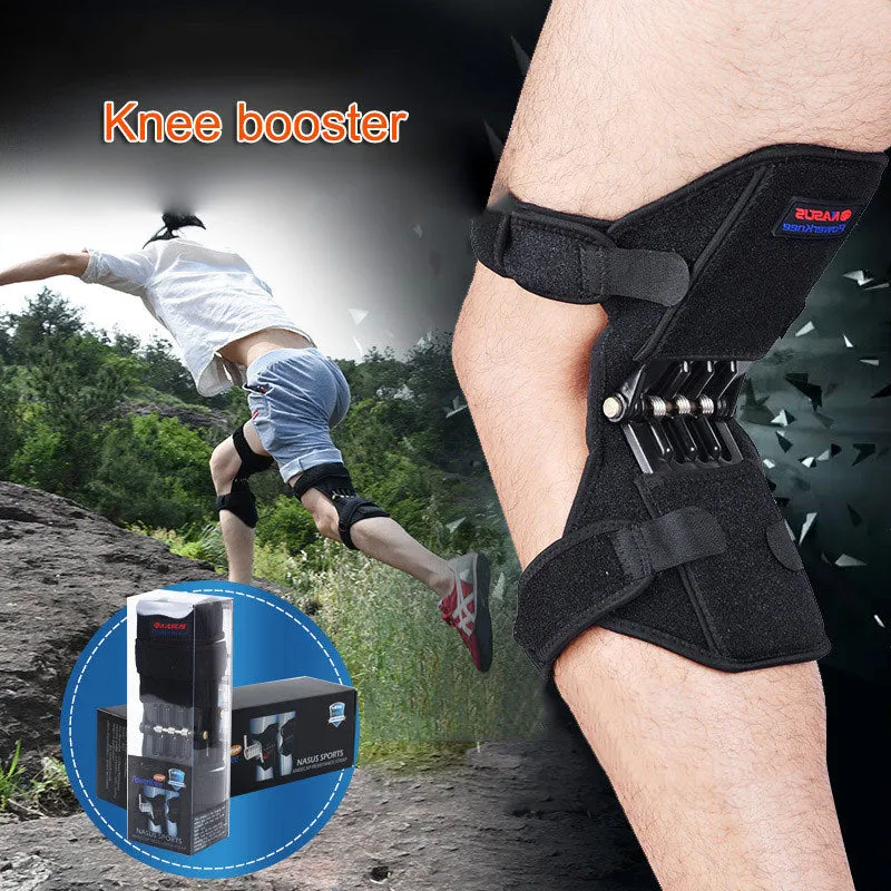 Black knee booster with carbon steel spring and Velcro straps on a neutral background