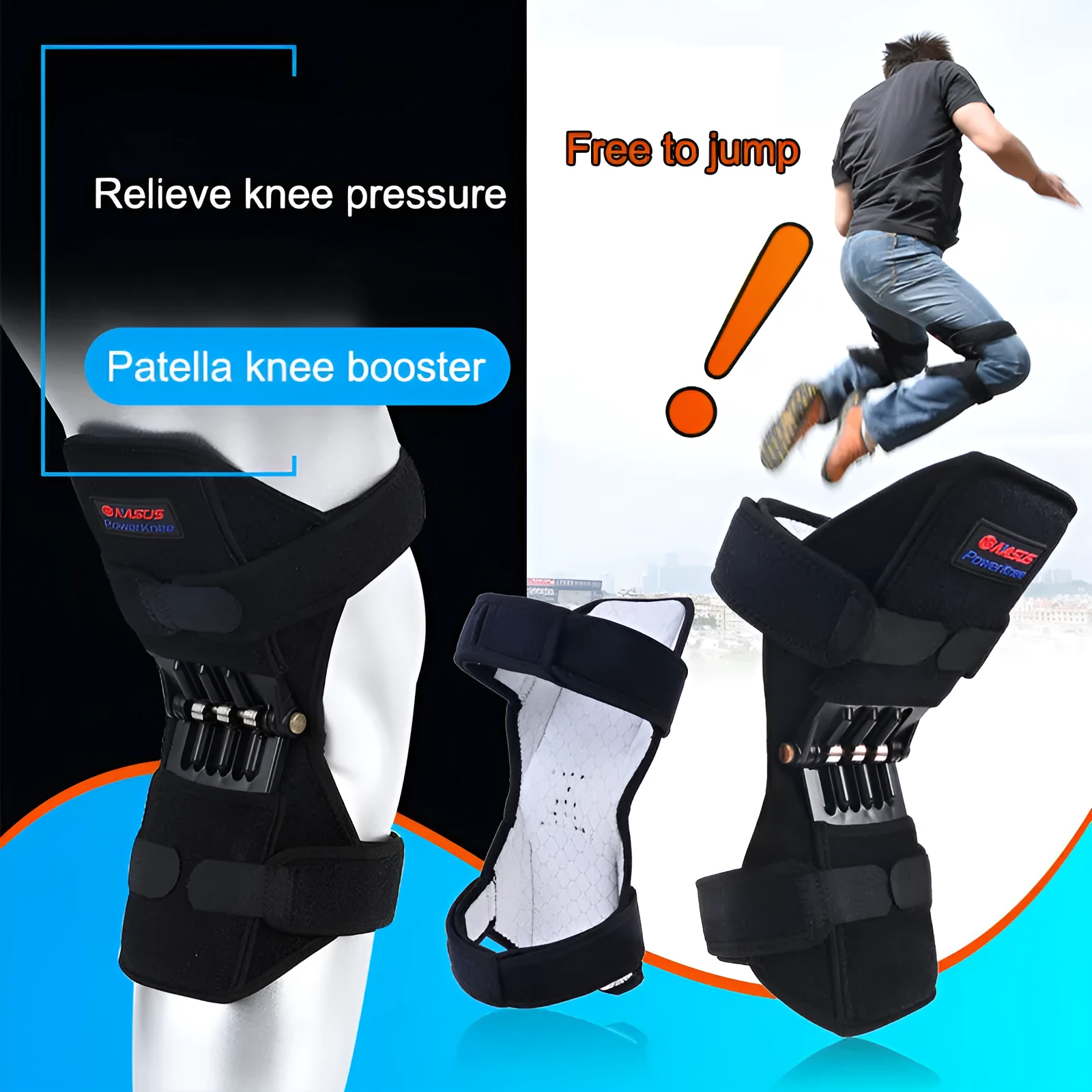 Black knee booster with carbon steel spring and Velcro straps on a neutral background