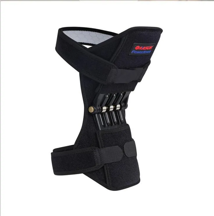 Black knee booster with carbon steel spring and Velcro straps on a neutral background