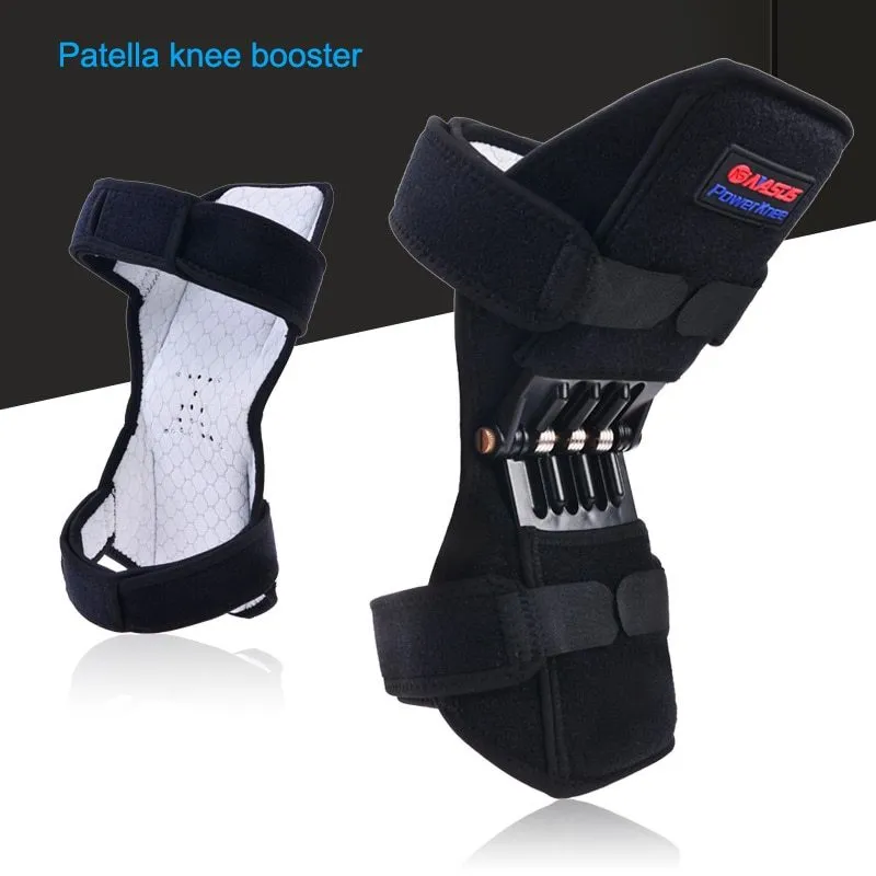 Black knee booster with carbon steel spring and Velcro straps on a neutral background