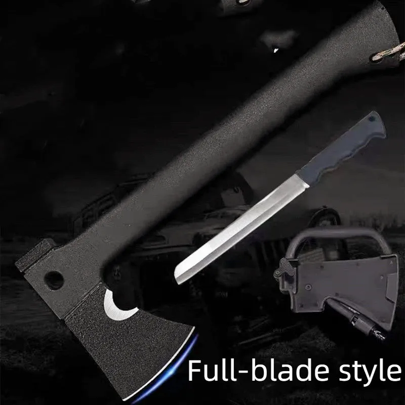 Multifunctional outdoor survival tactics axe with black stainless steel blade, EDC handle, and tactical K sheath.