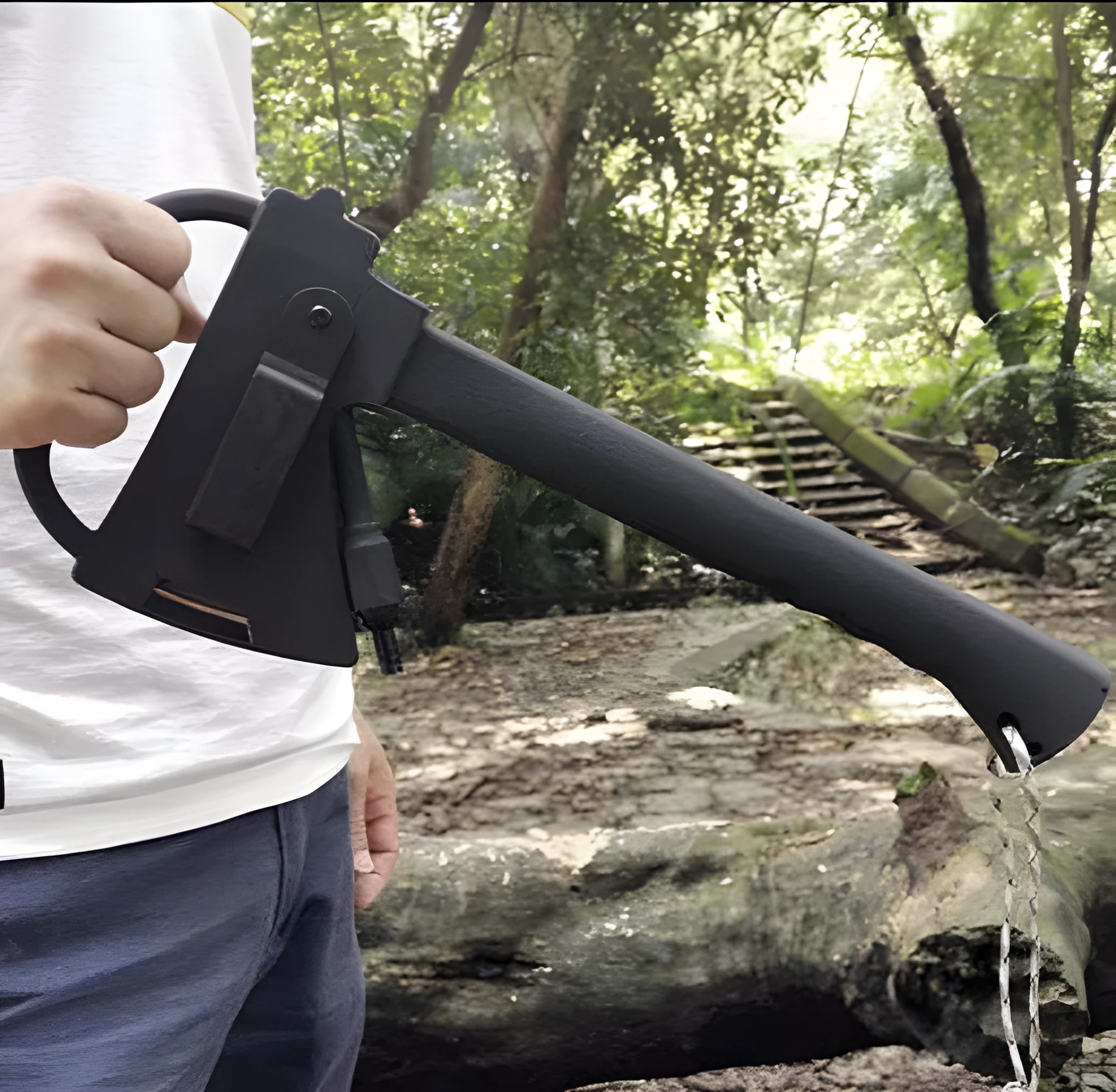 Multifunctional outdoor survival tactics axe with black stainless steel blade, EDC handle, and tactical K sheath.