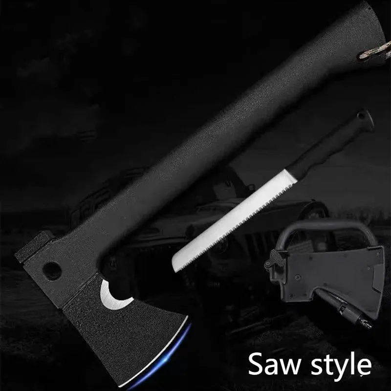 Multifunctional outdoor survival tactics axe with black stainless steel blade, EDC handle, and tactical K sheath.