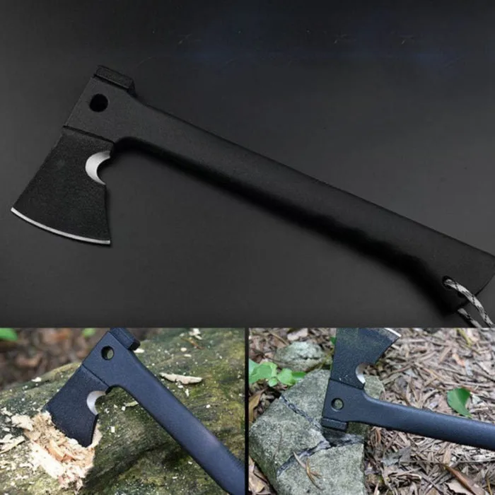 Multifunctional outdoor survival tactics axe with black stainless steel blade, EDC handle, and tactical K sheath.