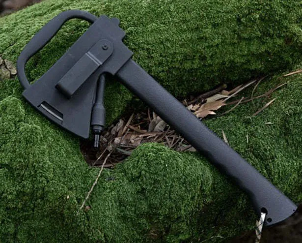 Multifunctional outdoor survival tactics axe with black stainless steel blade, EDC handle, and tactical K sheath.