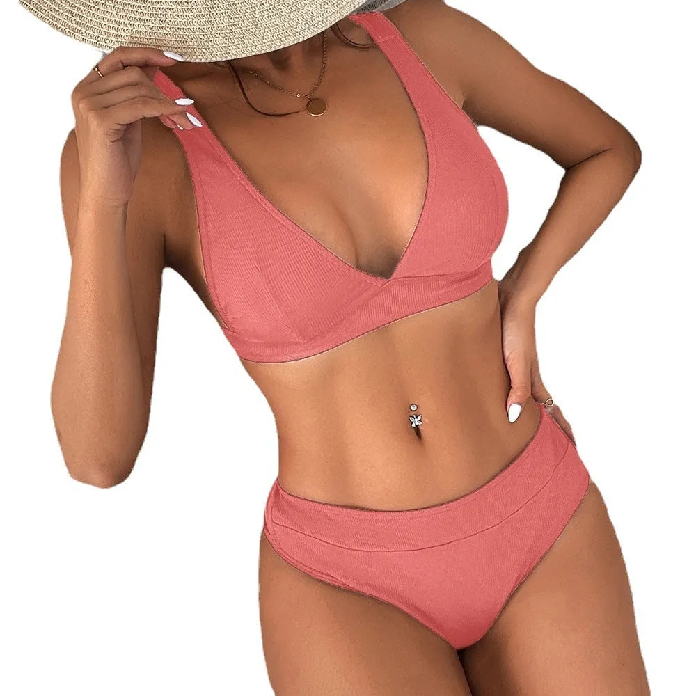 Women's black rib lace-up split bikini set shown on a mannequin.