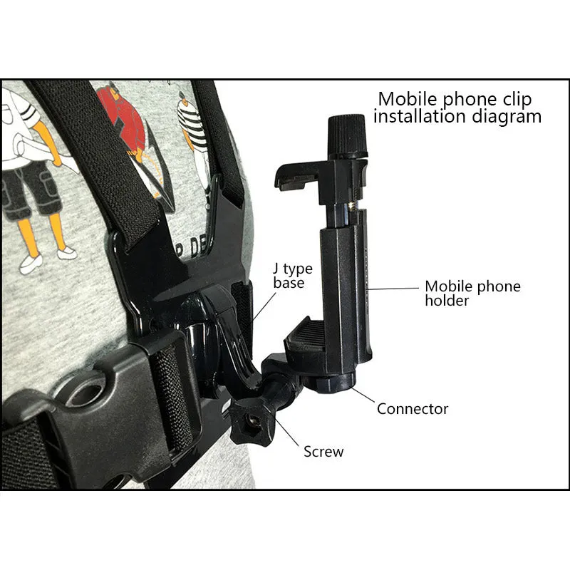 Black mobile phone chest mount harness on torso with adjustable straps and phone clip