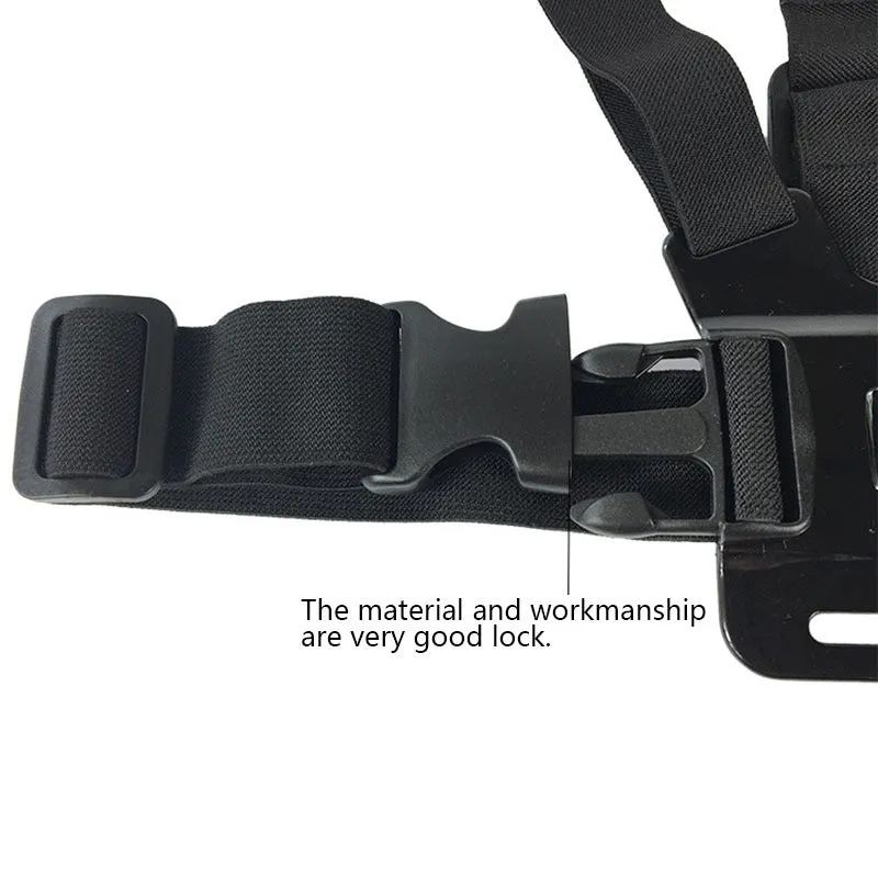 Black mobile phone chest mount harness on torso with adjustable straps and phone clip
