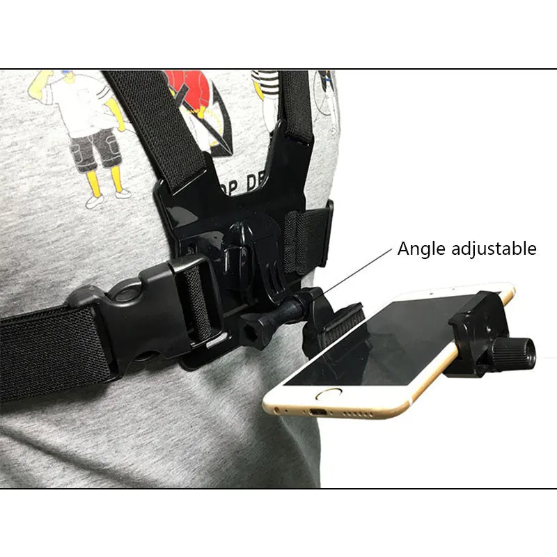 Black mobile phone chest mount harness on torso with adjustable straps and phone clip