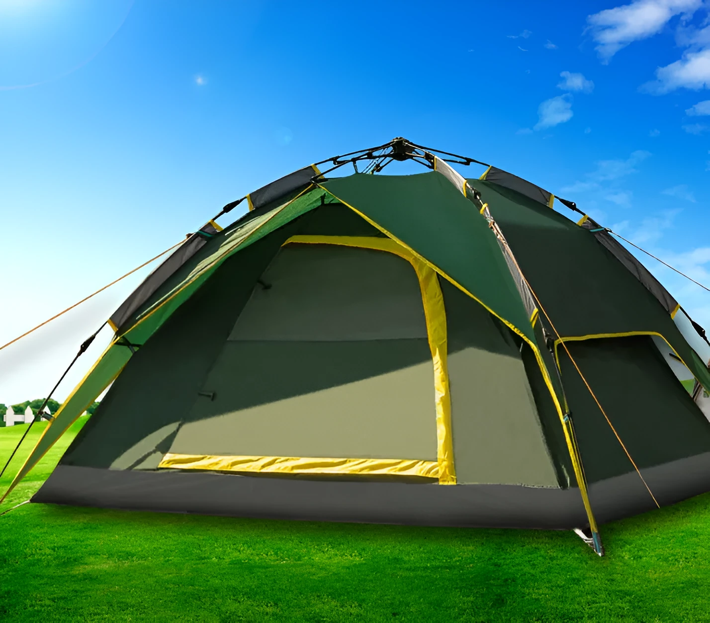 Waterproof automatic pop up tent for 3-4 people, Army Green, set up outdoors with 210x220cm dimensions