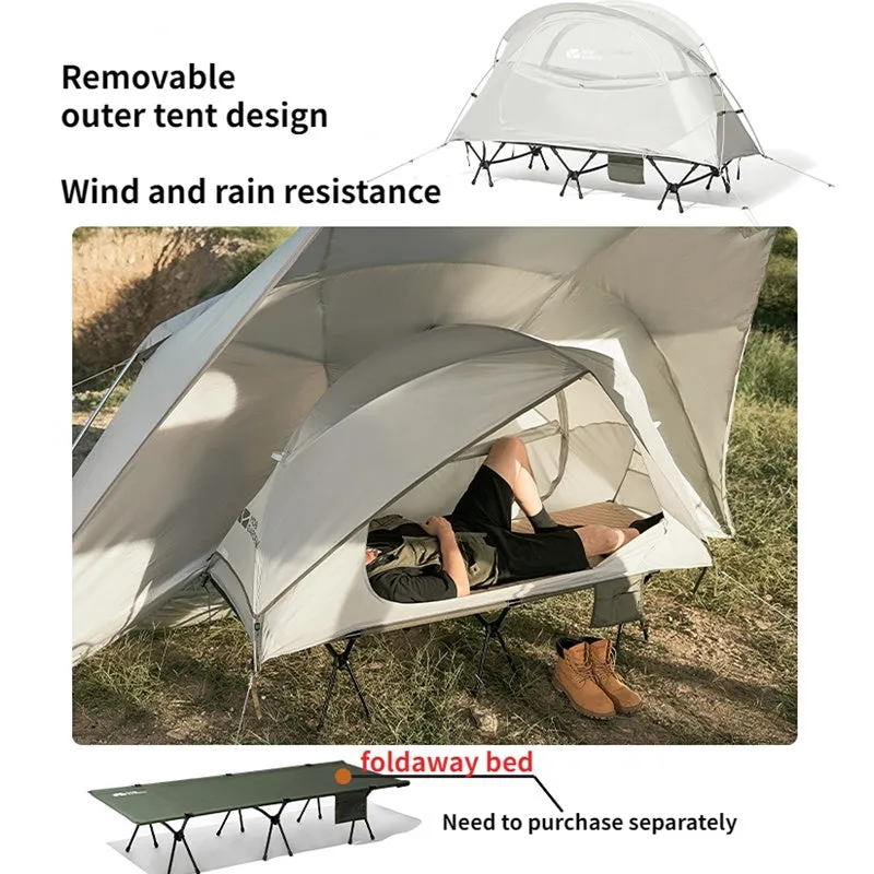Ultra-light folding white single tent with aluminium poles on grass, 2.4kg