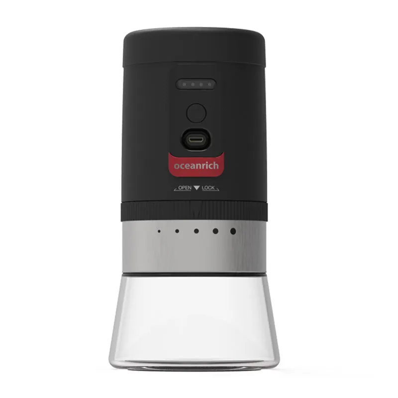 Portable black hand crank coffee grinder with manual operation for travel and home use