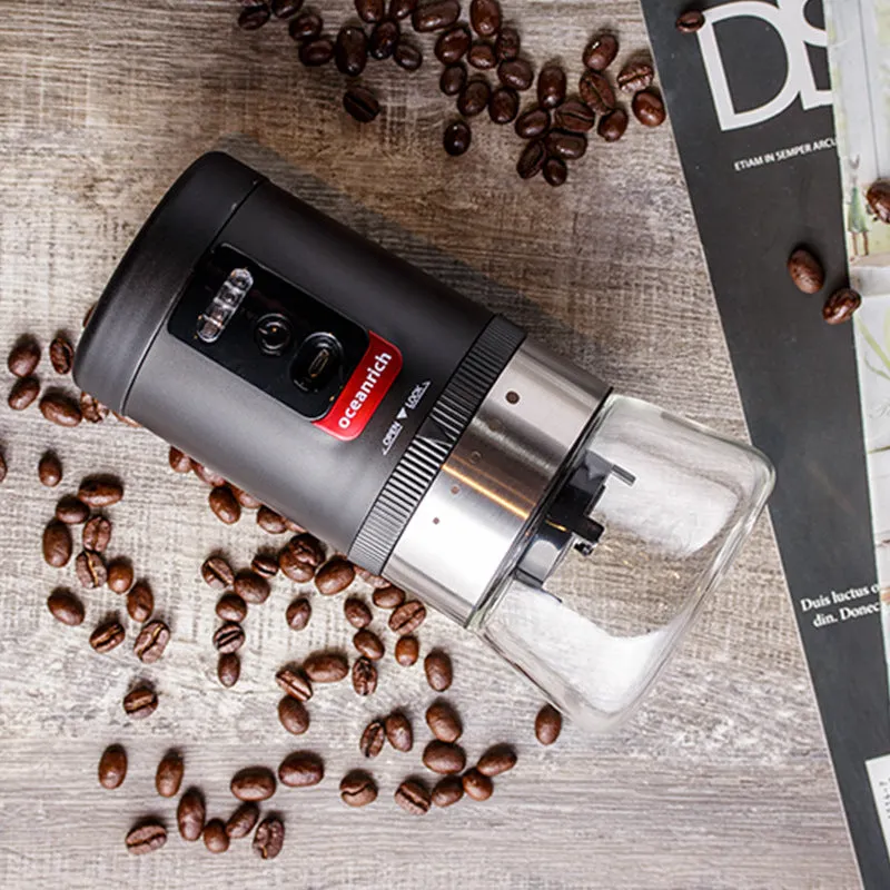 Portable black hand crank coffee grinder with manual operation for travel and home use