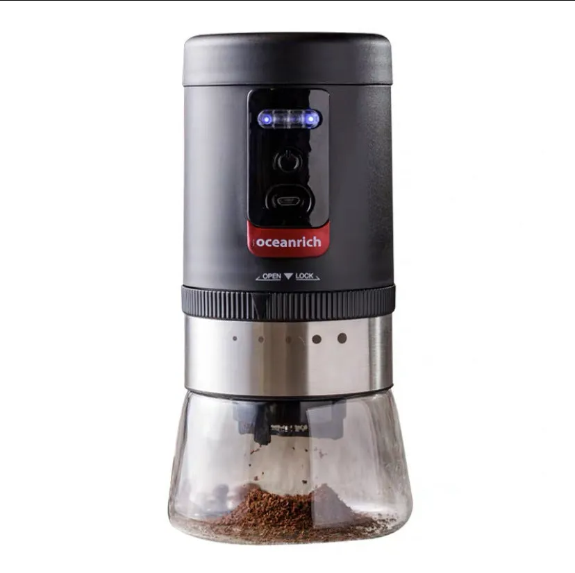Portable black hand crank coffee grinder with manual operation for travel and home use