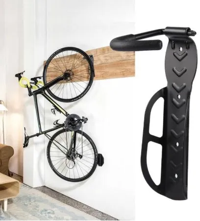 Black mountain bike wall mount bicycle storage rack on wall with front wheel on hook