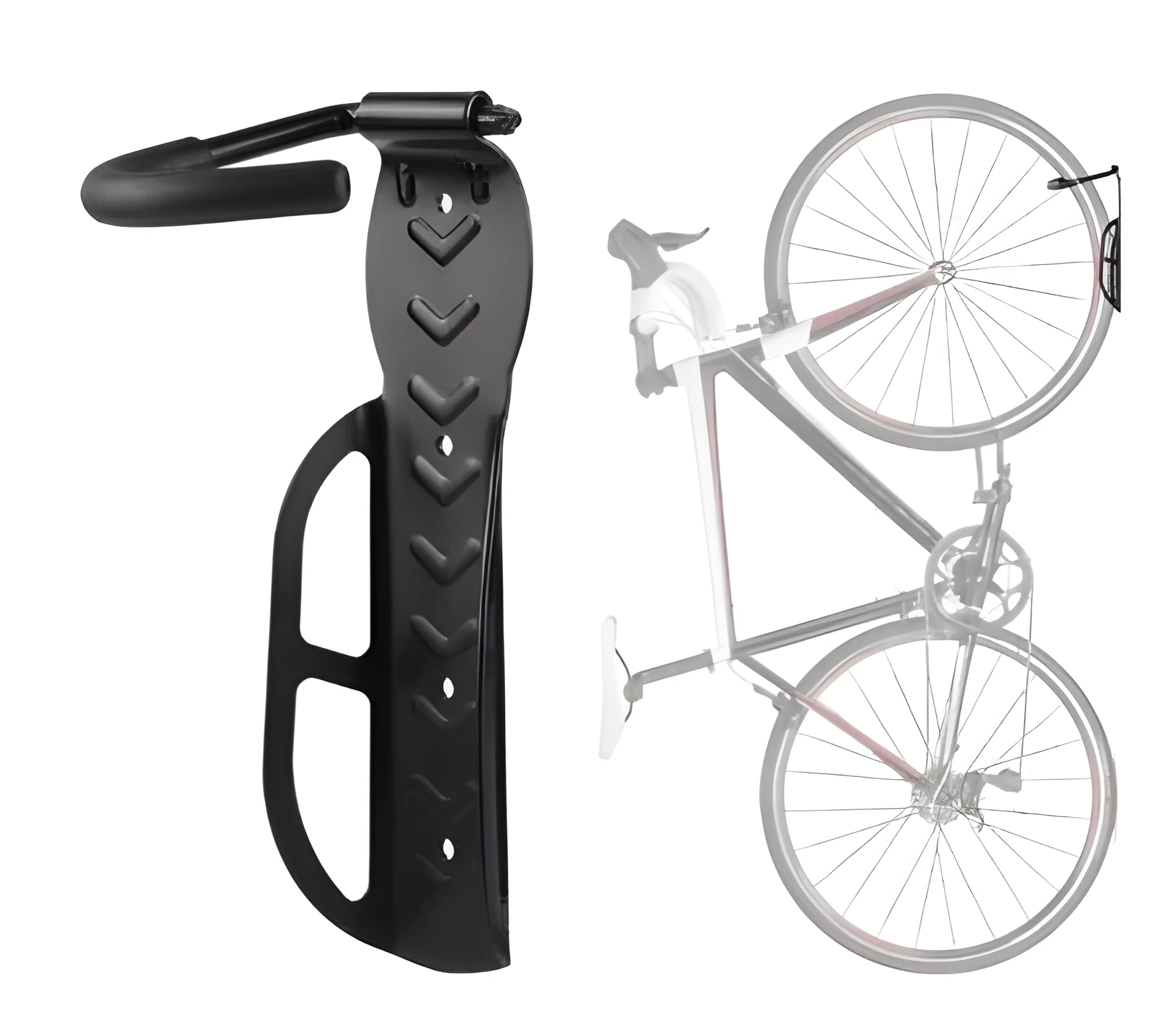 Black mountain bike wall mount bicycle storage rack on wall with front wheel on hook