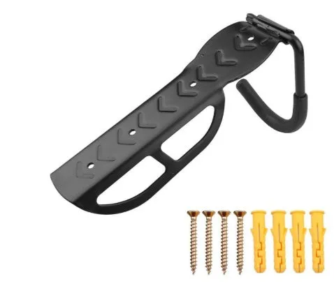 Black mountain bike wall mount bicycle storage rack on wall with front wheel on hook