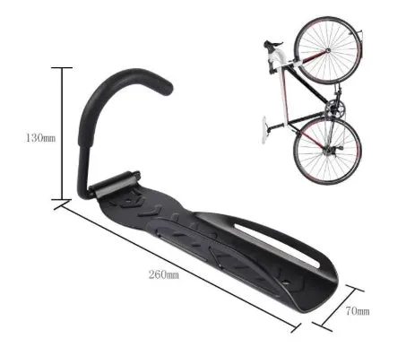 Black mountain bike wall mount bicycle storage rack on wall with front wheel on hook