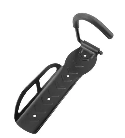 Black mountain bike wall mount bicycle storage rack on wall with front wheel on hook