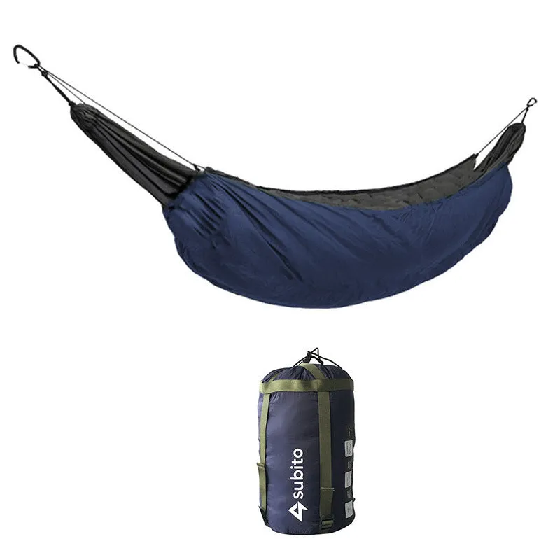 Outdoor portable hammock underquilt thermal blanket in orange with black straps for camping insulation
