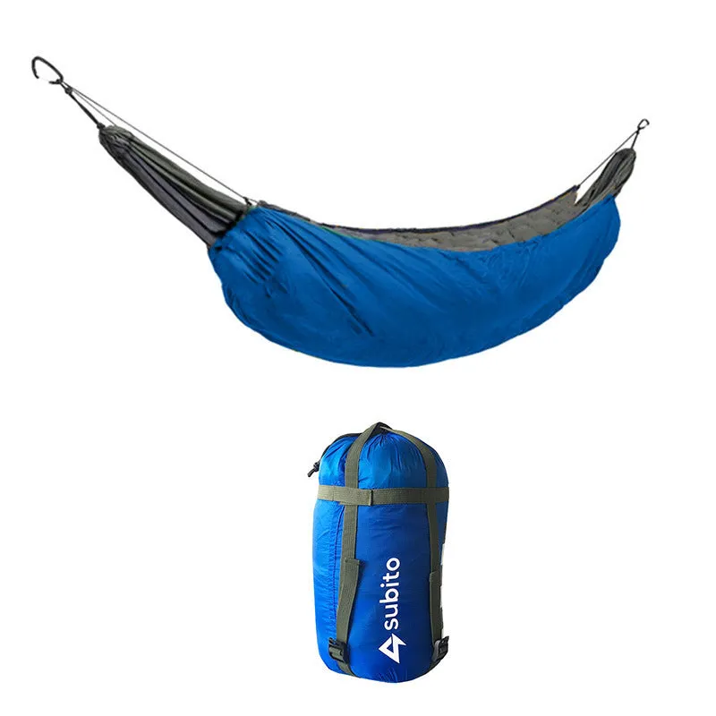 Outdoor portable hammock underquilt thermal blanket in orange with black straps for camping insulation