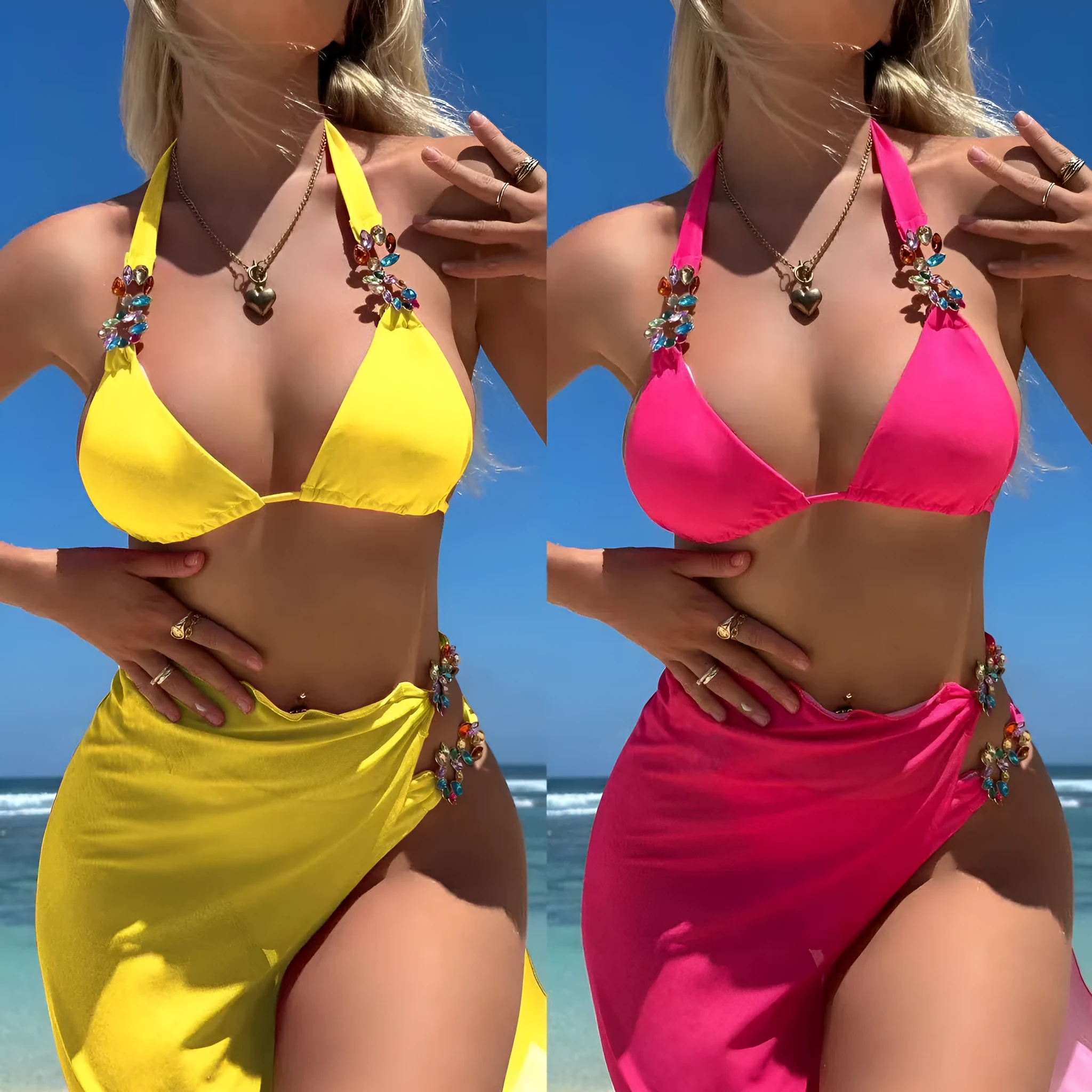Women's rose red three-piece bikini set with long mesh skirt for swimming.