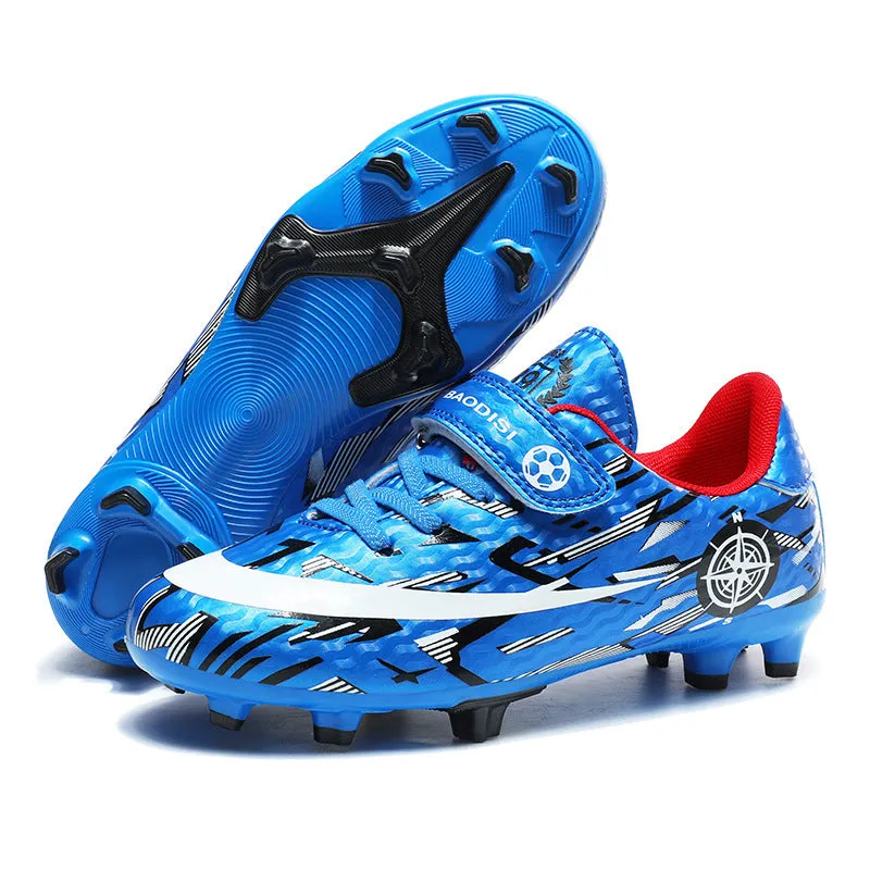 Children's football shoes with Velcro fastening, non-slip rubber outsole, and spikes in sky blue colour, low-top design