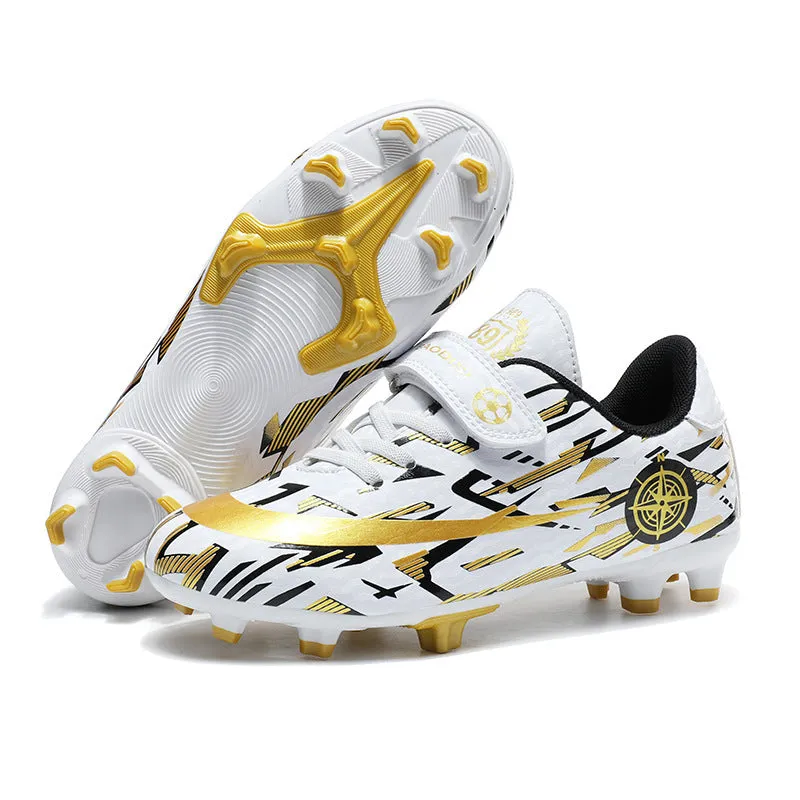 Children's football shoes with Velcro fastening, non-slip rubber outsole, and spikes in sky blue colour, low-top design