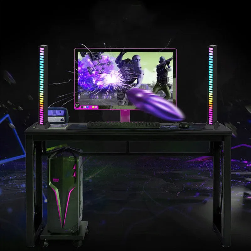 LED sound control light bar with RGB ambient pickup, USB powered, black finish, 32 lights, on a desk next to a laptop