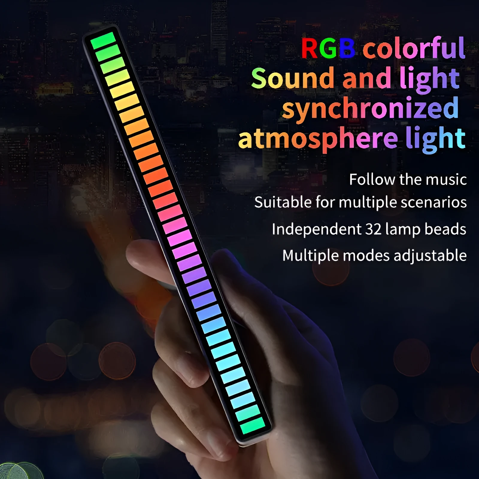 LED sound control light bar with RGB ambient pickup, USB powered, black finish, 32 lights, on a desk next to a laptop