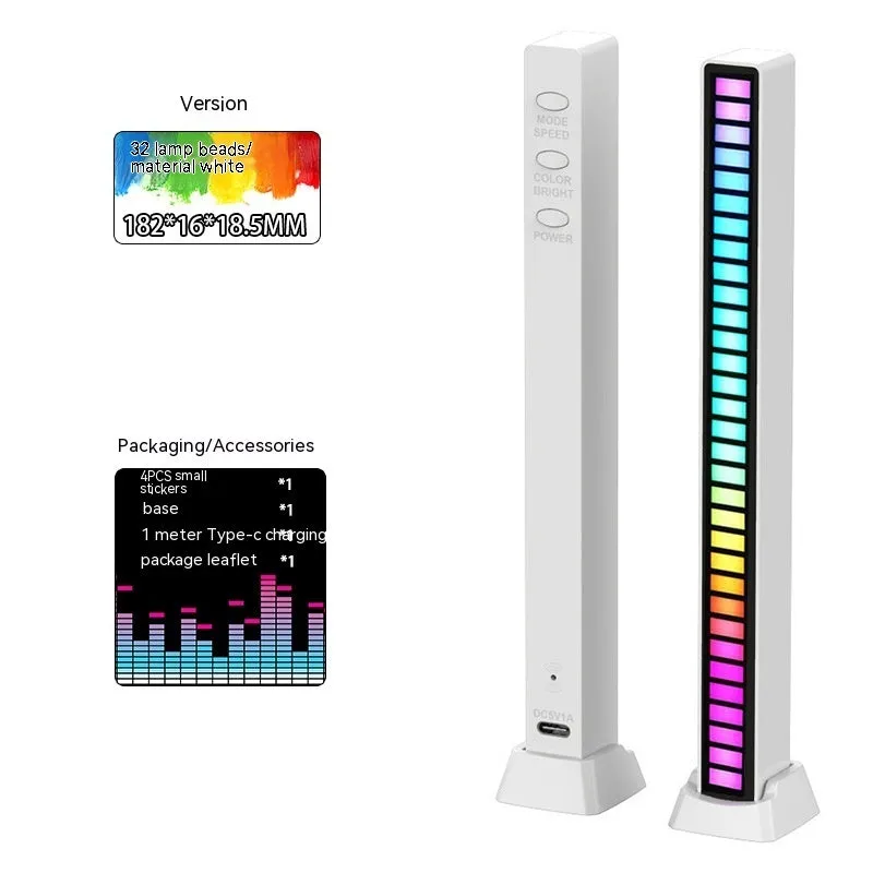 LED sound control light bar with RGB ambient pickup, USB powered, black finish, 32 lights, on a desk next to a laptop