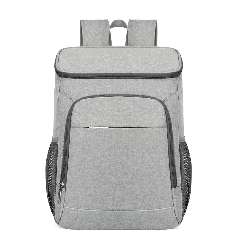 Large black outdoor thermal picnic backpack with curved shoulder straps on a gray background.