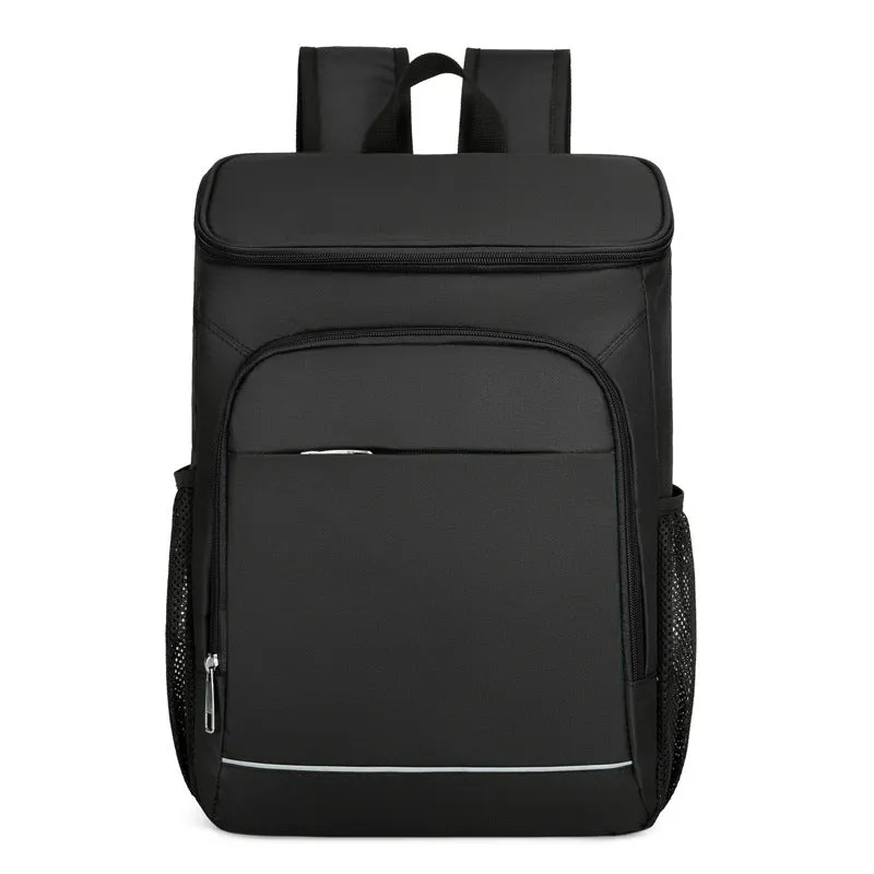 Large black outdoor thermal picnic backpack with curved shoulder straps on a gray background.