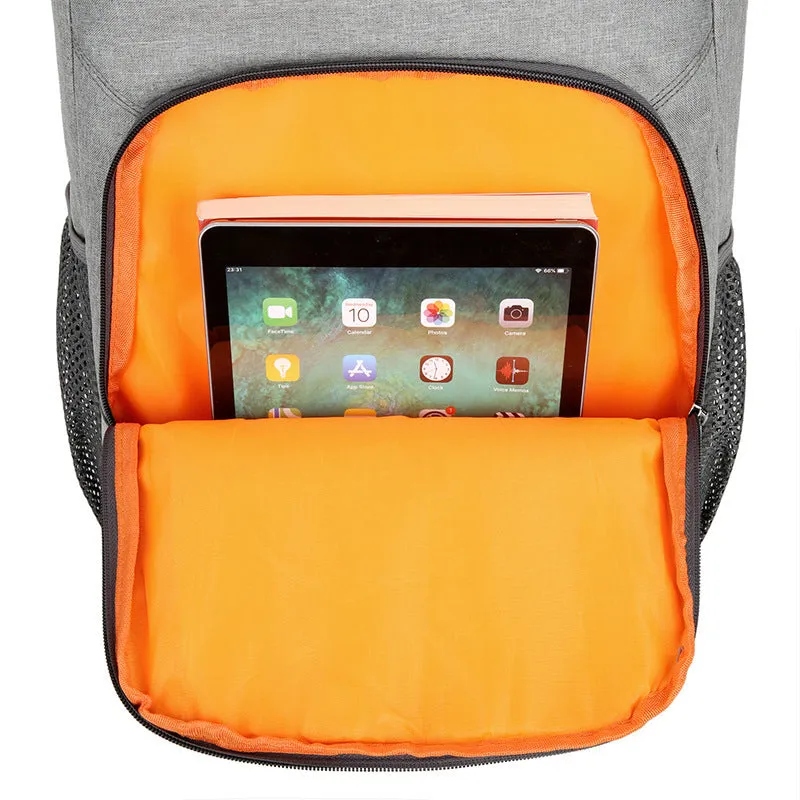 Large black outdoor thermal picnic backpack with curved shoulder straps on a gray background.