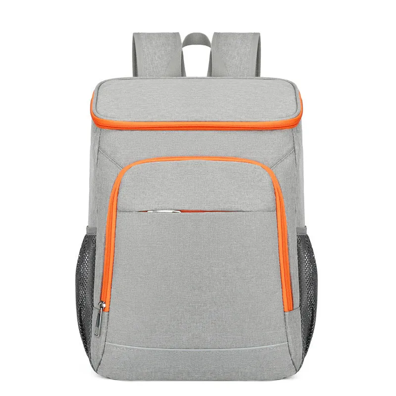 Large black outdoor thermal picnic backpack with curved shoulder straps on a gray background.