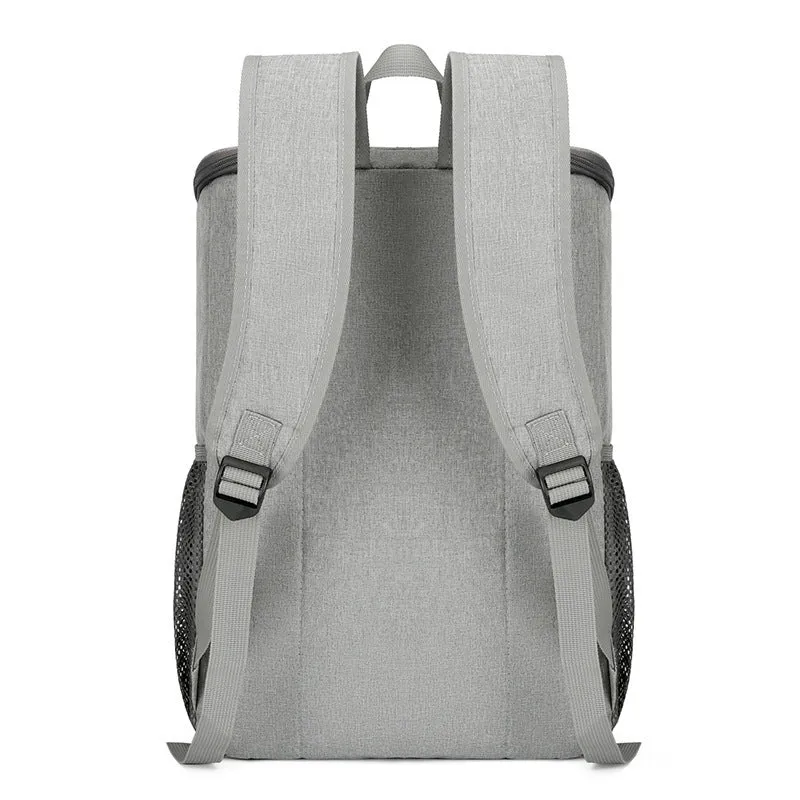 Large black outdoor thermal picnic backpack with curved shoulder straps on a gray background.